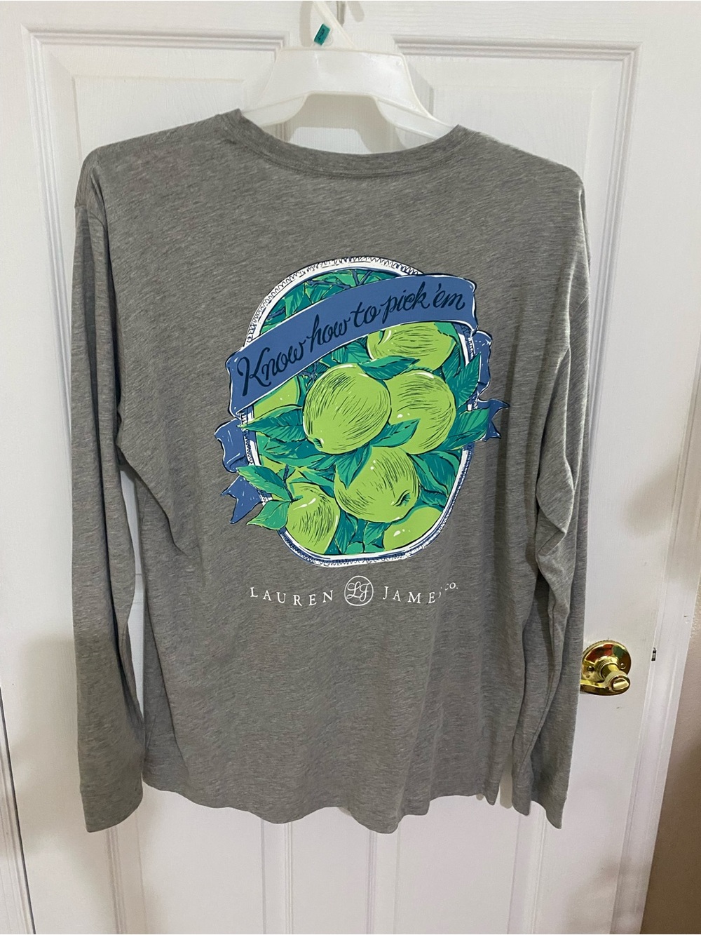 Lauren James Gray Long-Sleeve Tee with Lime Green Apple Graphic and Blue Banner